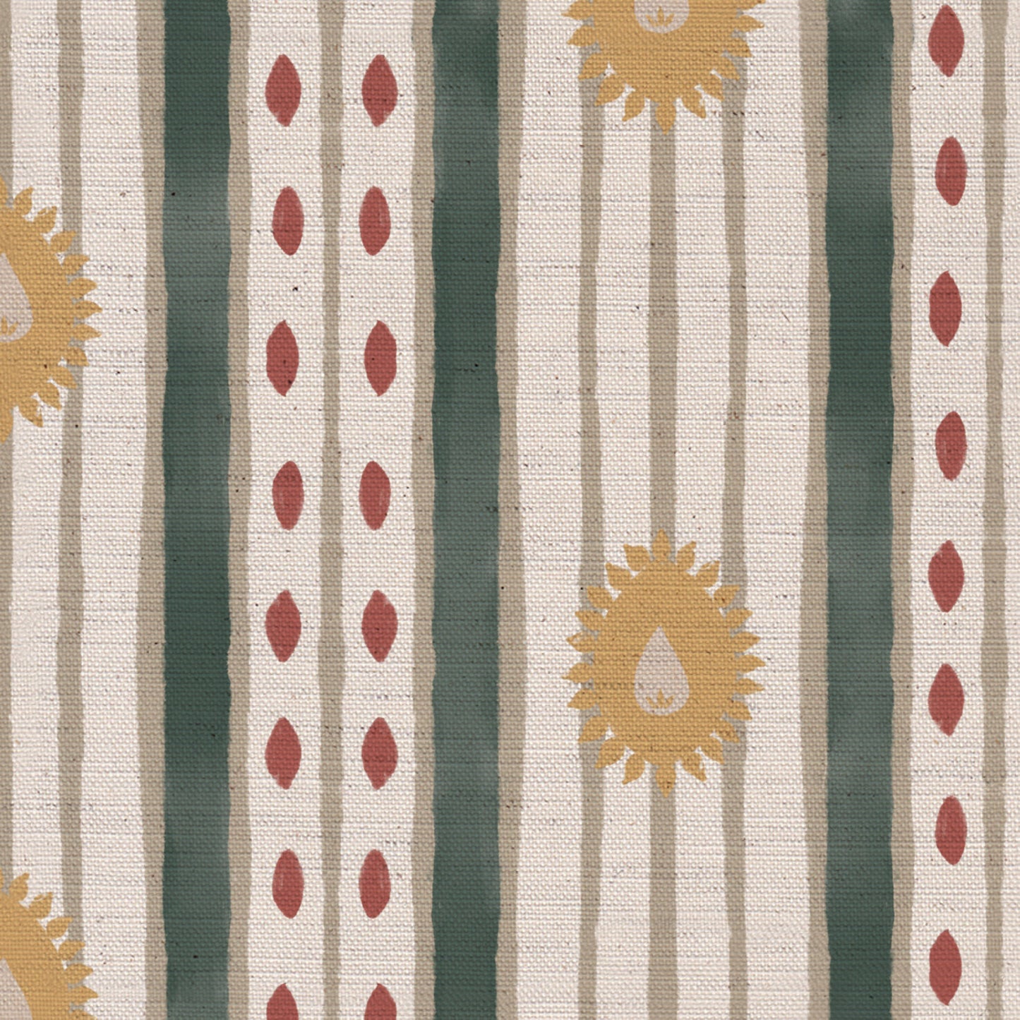 Field Flower Stripe linen cotton union fabric in Sea Green and Yellow