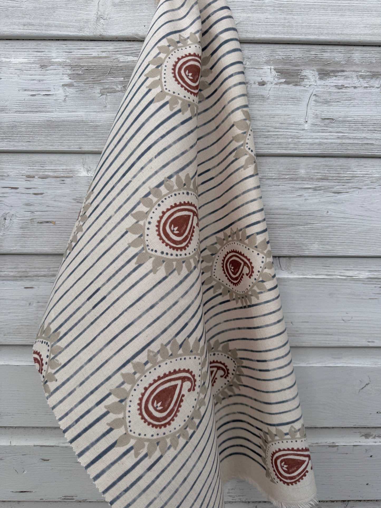 Field flower Paisley linen cotton union fabric in Blue and Terracotta