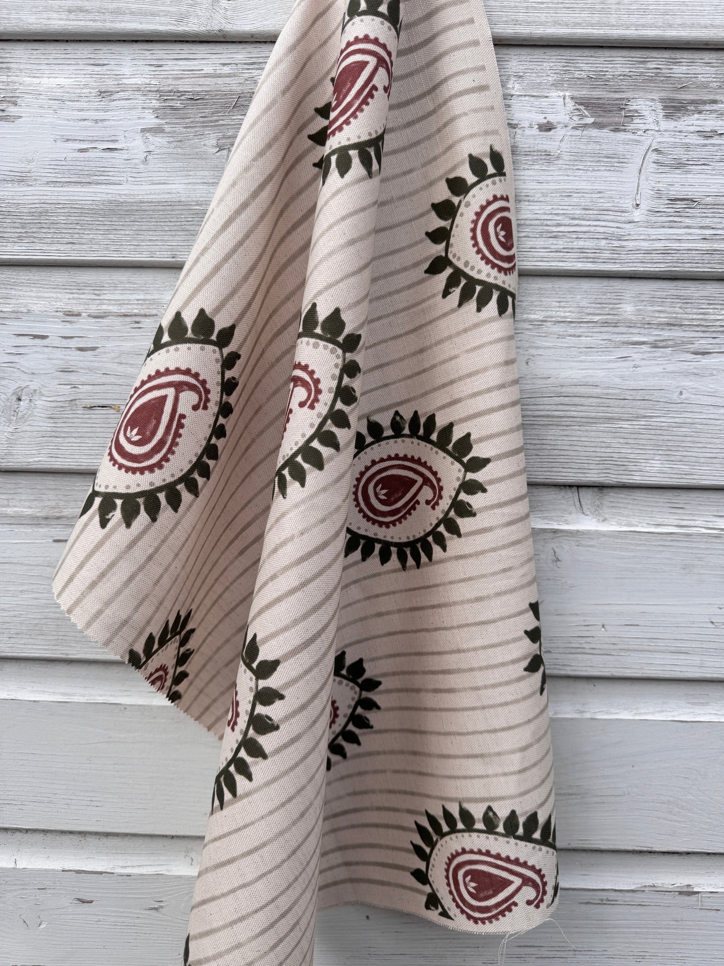 Field flower Paisley linen cotton union fabric in Green and Terracotta