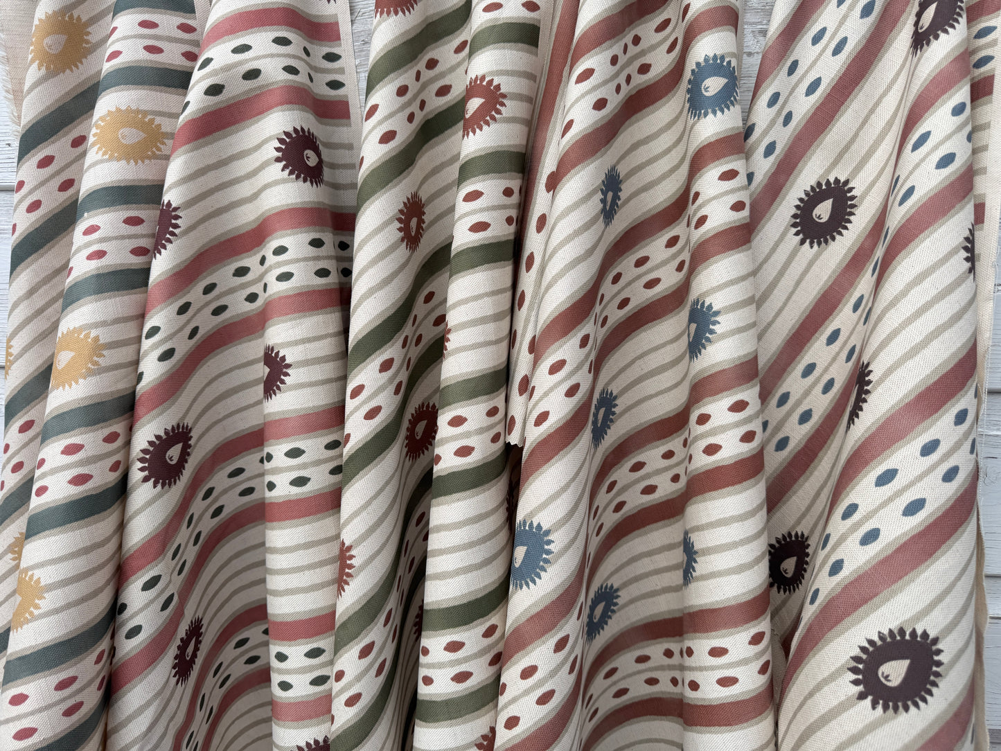 Field Flower Stripe linen cotton union fabric in Terracotta and Blue