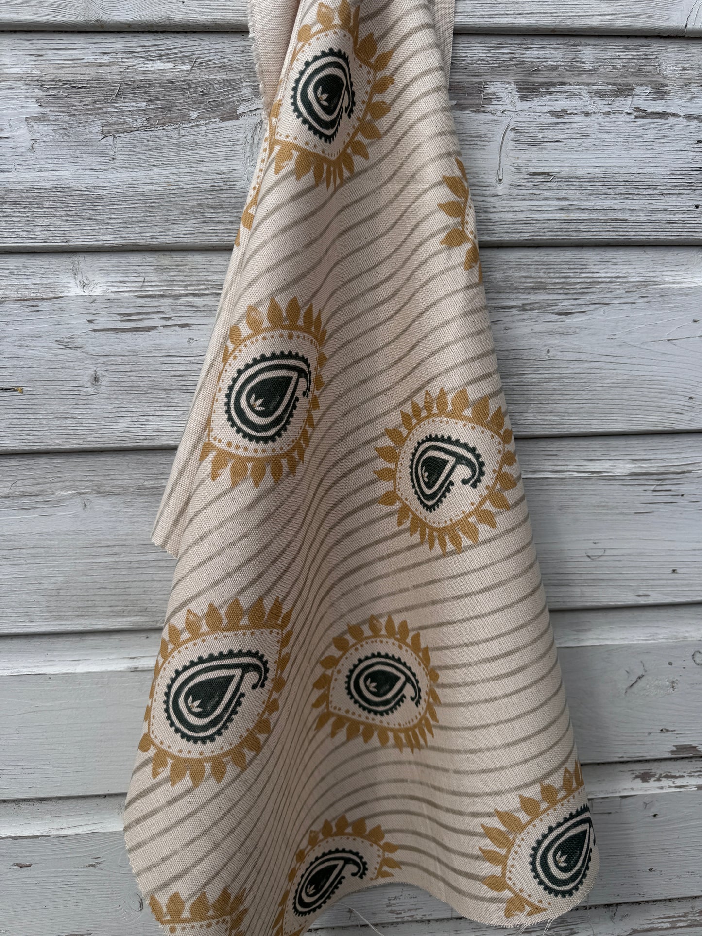 Field flower Paisley linen cotton union fabric in Sea Green and Yellow