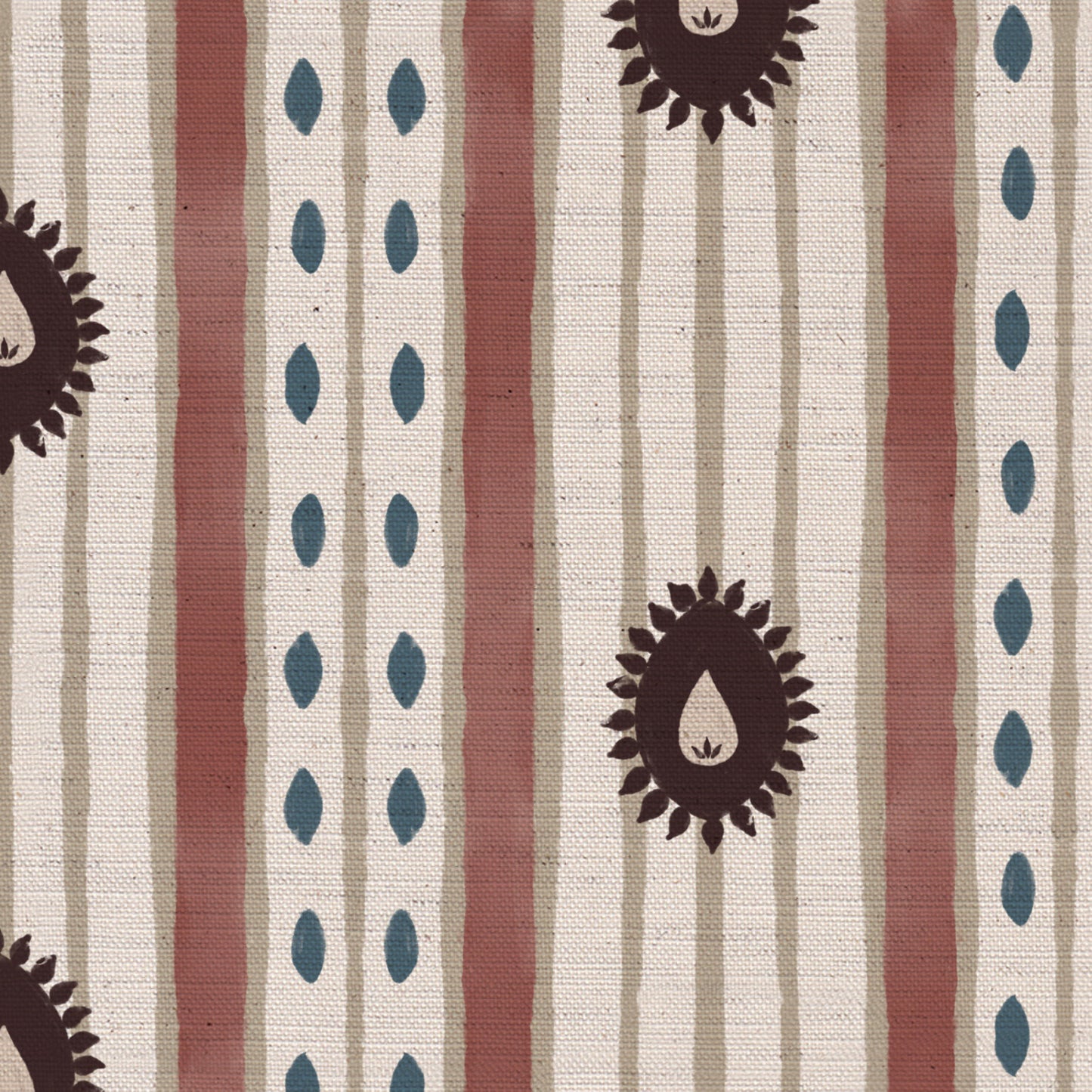 Field Flower Stripe linen cotton union fabric in Aubergine and Pink