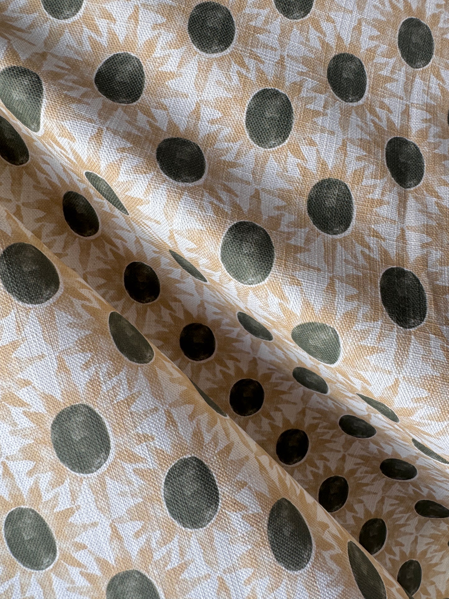 Little Sunburst cotton linen union fabric in olive green and yellow