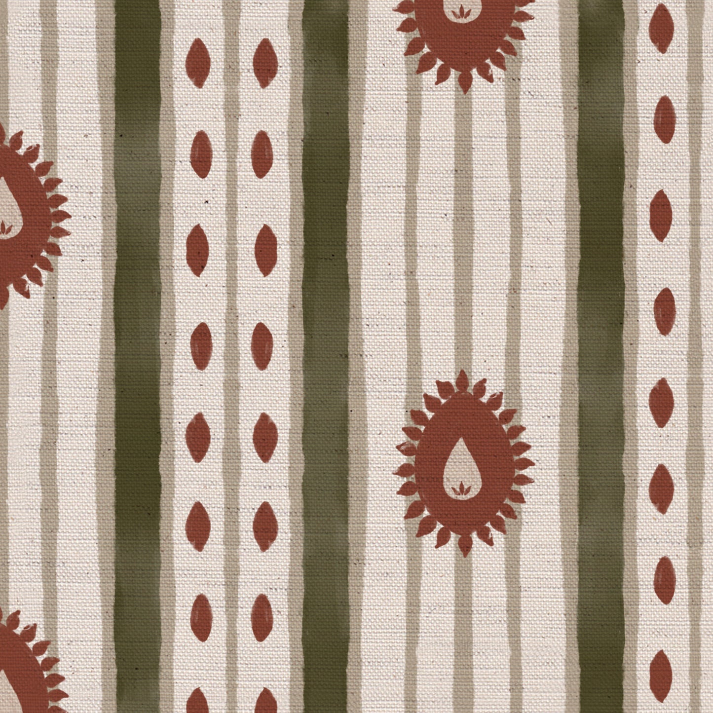 Field Flower Stripe linen cotton union fabric in Green and Terracotta