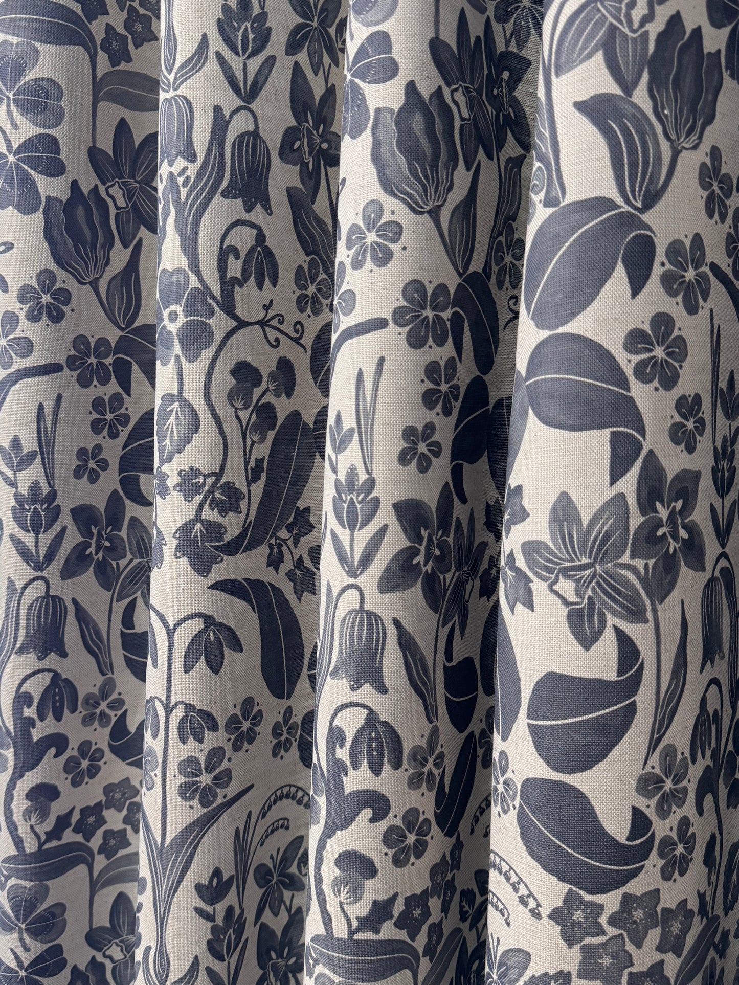 Glenwhisper Garden printed cotton, linen union fabric in Denim Blue