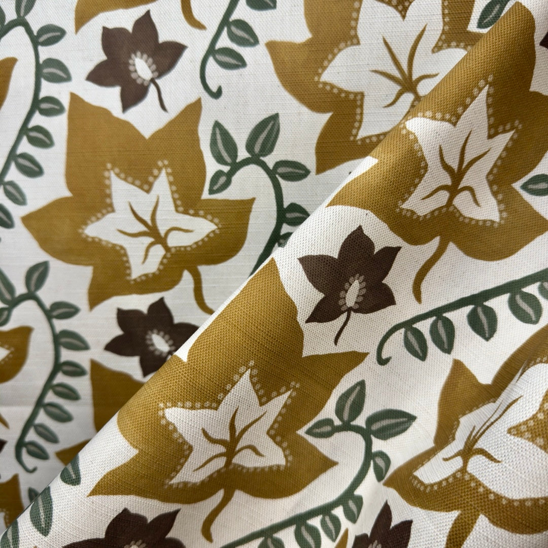Leaf Trail printed cotton, linen union fabric in Golden Ochre