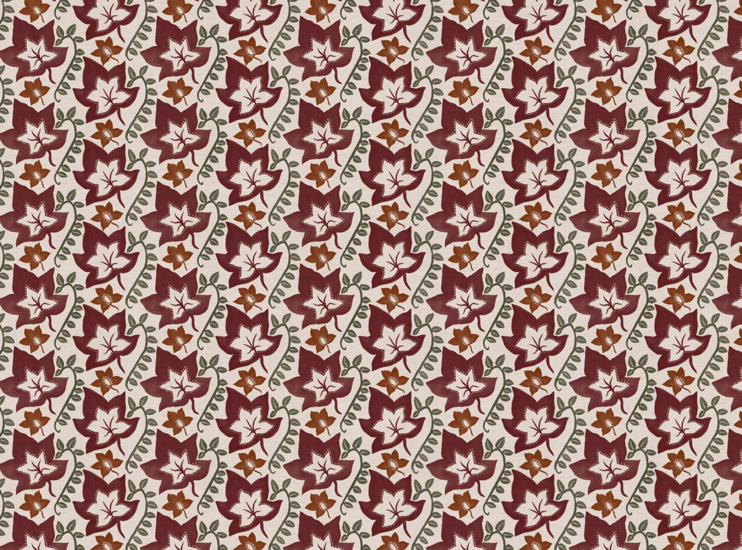 Leaf Trail printed cotton, linen union fabric in Raspberry and Rust