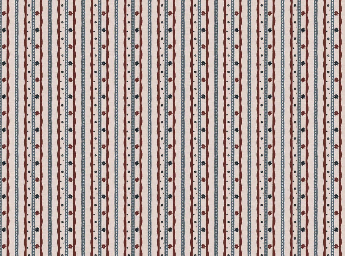 Rodeo stripe printed cotton, linen union fabric in Red And Blue