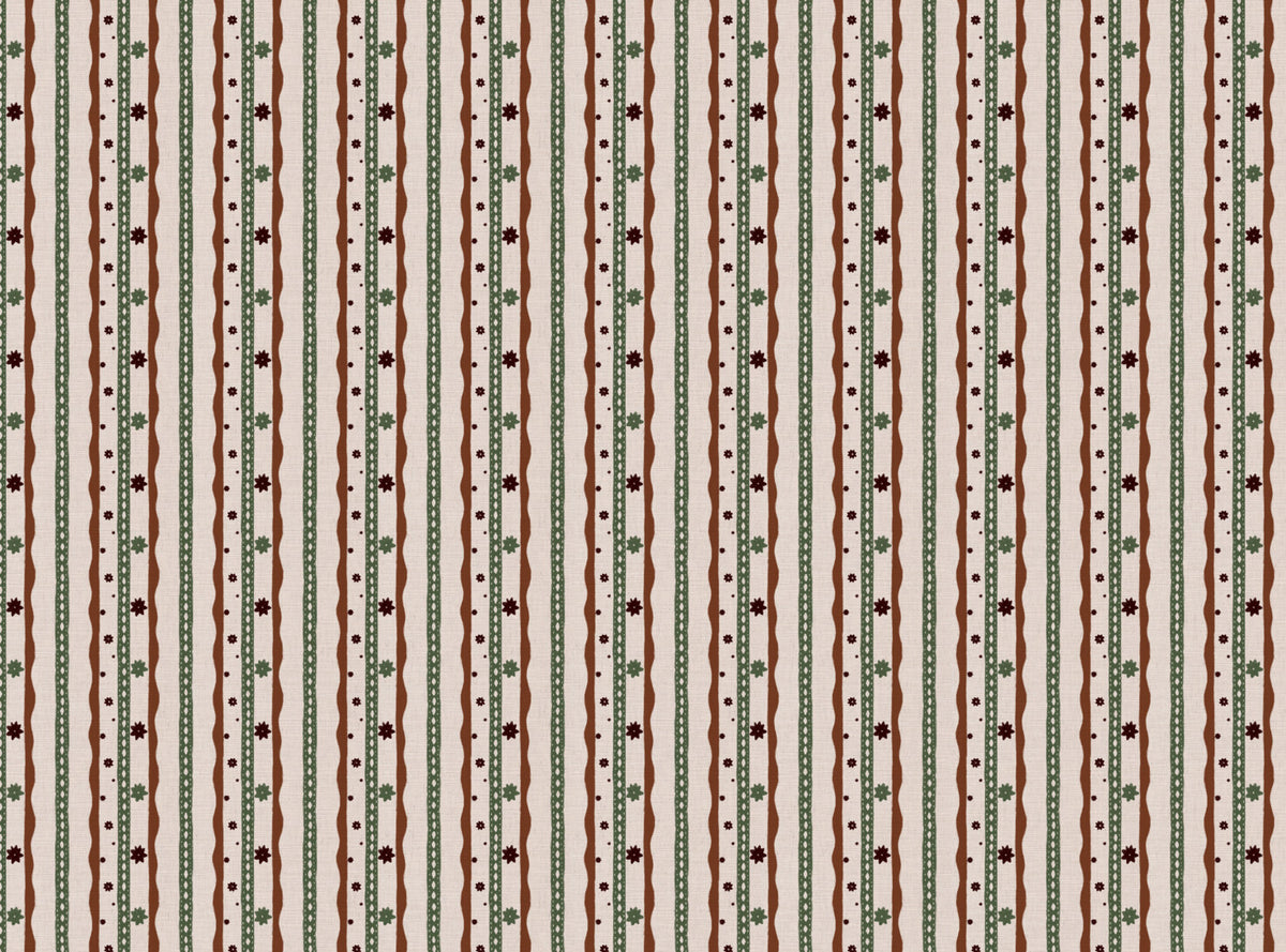 Rodeo stripe printed cotton, linen union fabric in Rust and Green