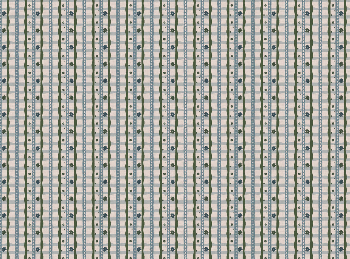 Rodeo check printed cotton, linen union fabric in Blue and Green