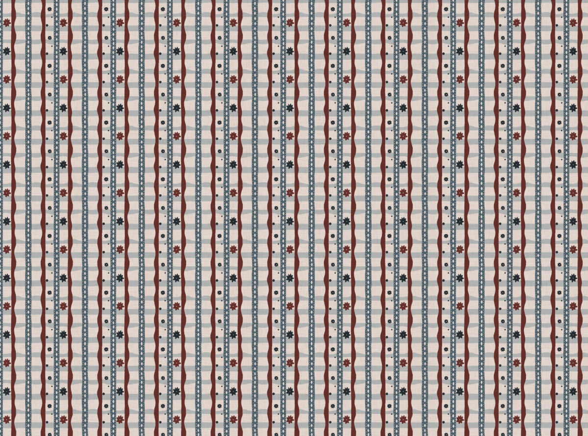 Rodeo check printed cotton, linen union fabric in Red and Blue