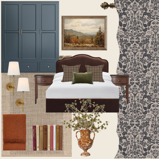 Bedroom Moodboard Inspiration Featuring Glenwhisper Garden in Denim and Kelso Check in Conker Brown