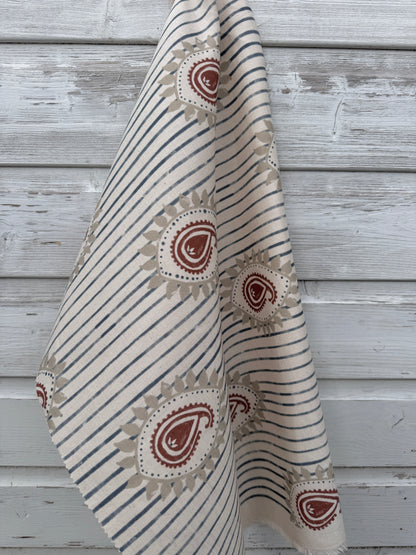 Field flower Paisley linen cotton union fabric in Blue and Terracotta