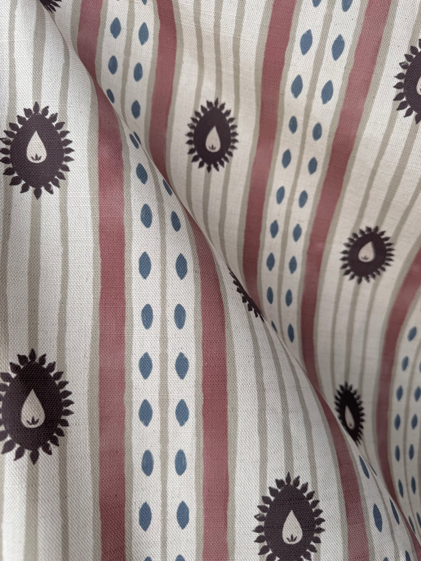 Field Flower Stripe linen cotton union fabric in Aubergine and Pink