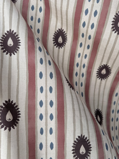 Field Flower Stripe linen cotton union fabric in Aubergine and Pink