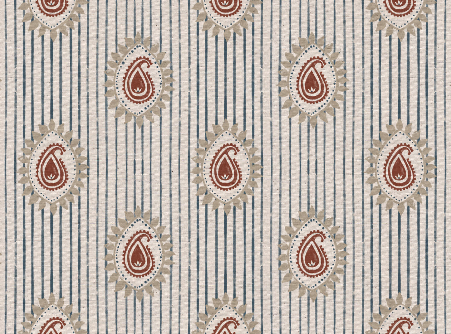 Field flower Paisley linen cotton union fabric in Blue and Terracotta