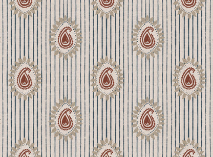 Field flower Paisley linen cotton union fabric in Blue and Terracotta