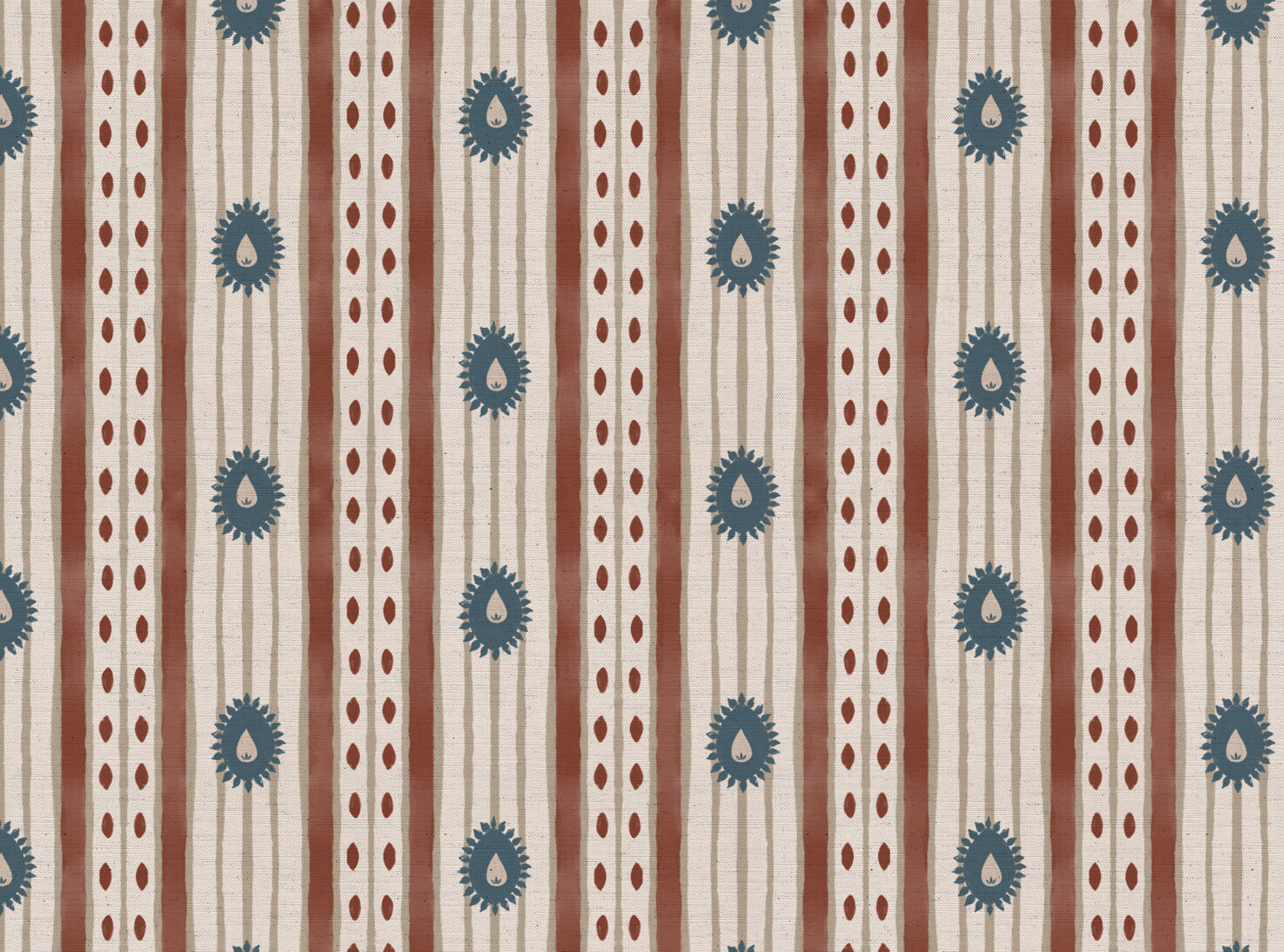 Field Flower Stripe linen cotton union fabric in Terracotta and Blue