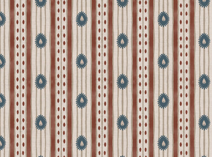 Field Flower Stripe linen cotton union fabric in Terracotta and Blue