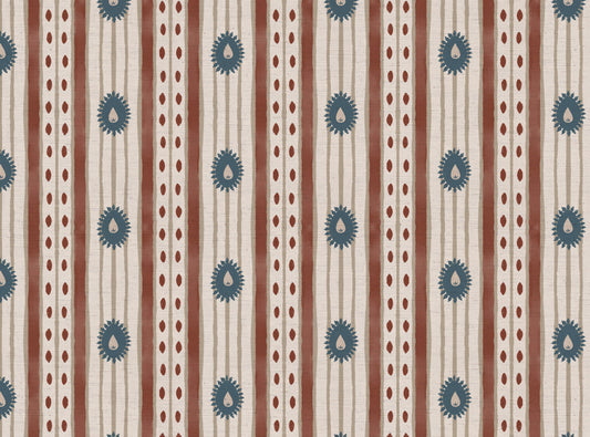 Field Flower Stripe linen cotton union fabric in Terracotta and Blue