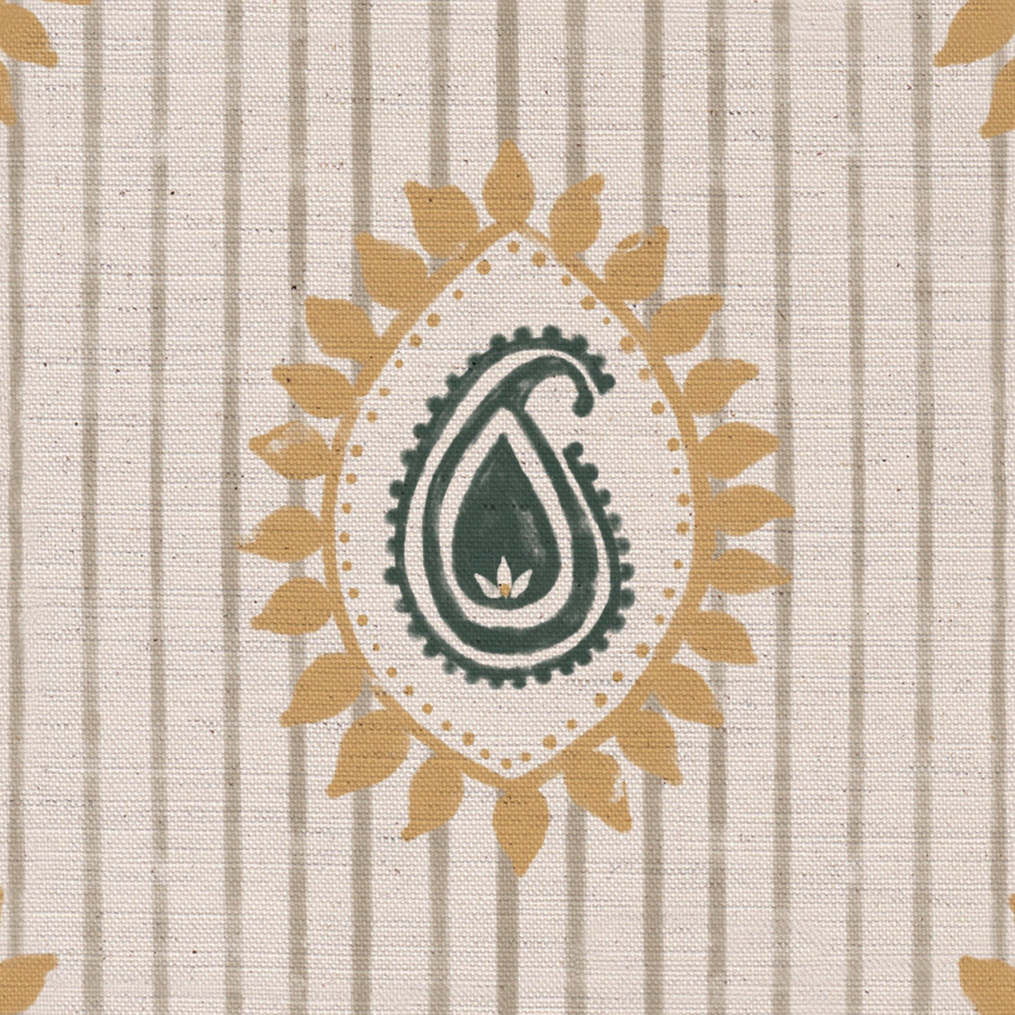 Field flower Paisley linen cotton union fabric in Sea Green and Yellow