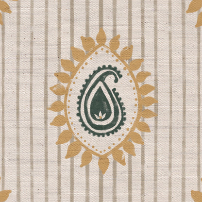 Field flower Paisley linen cotton union fabric in Sea Green and Yellow