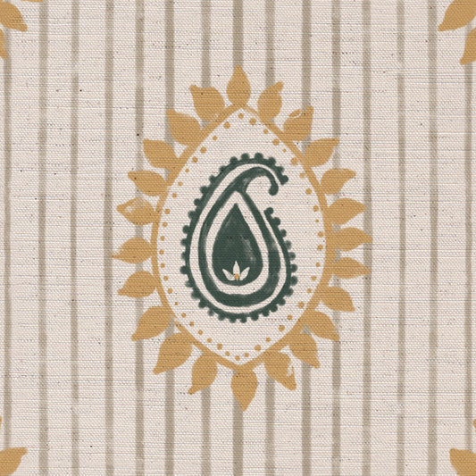 Field flower Paisley linen cotton union fabric in Sea Green and Yellow