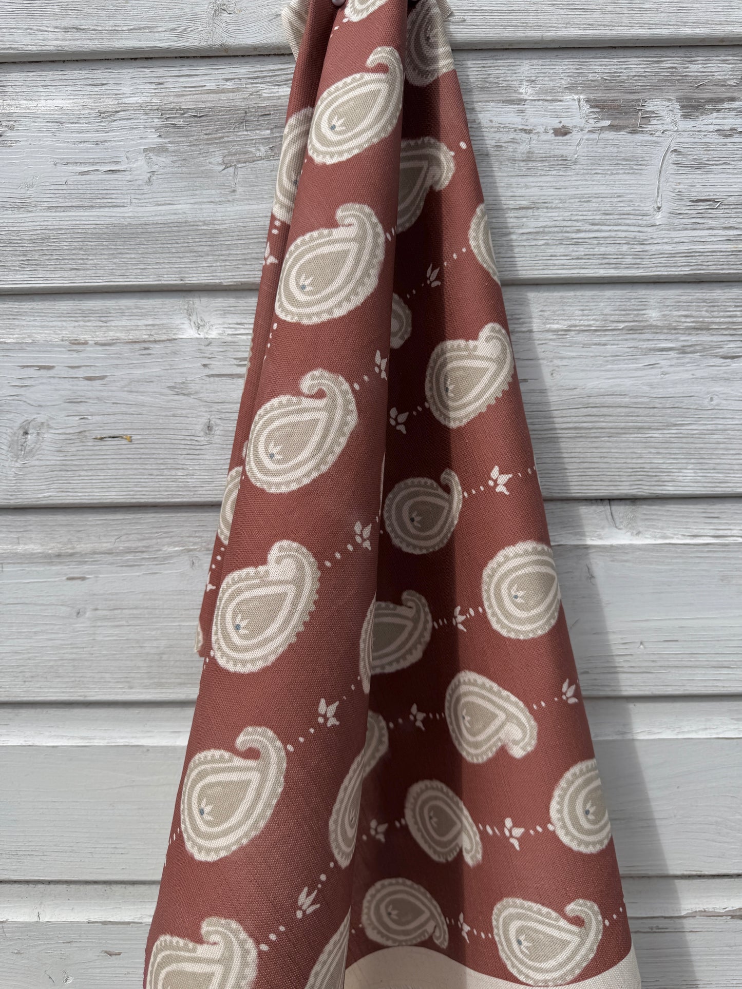 Paisley linen cotton union fabric in Terracotta