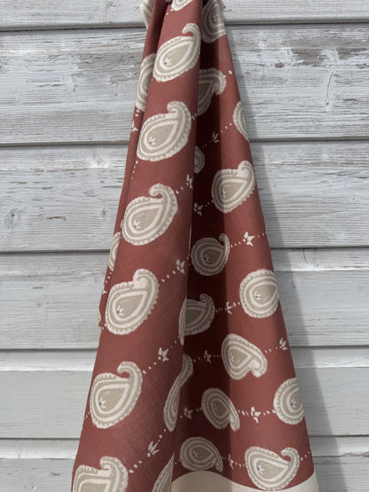 Paisley linen cotton union fabric in Terracotta