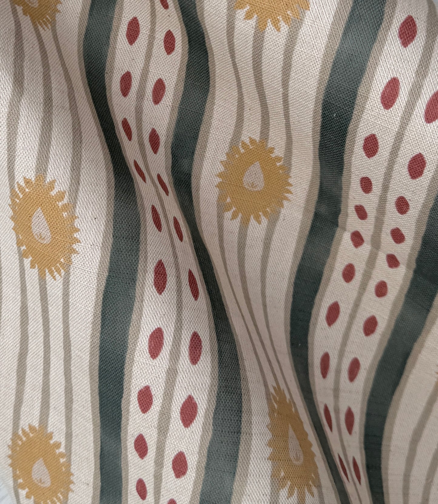Field Flower Stripe linen cotton union fabric in Sea Green and Yellow