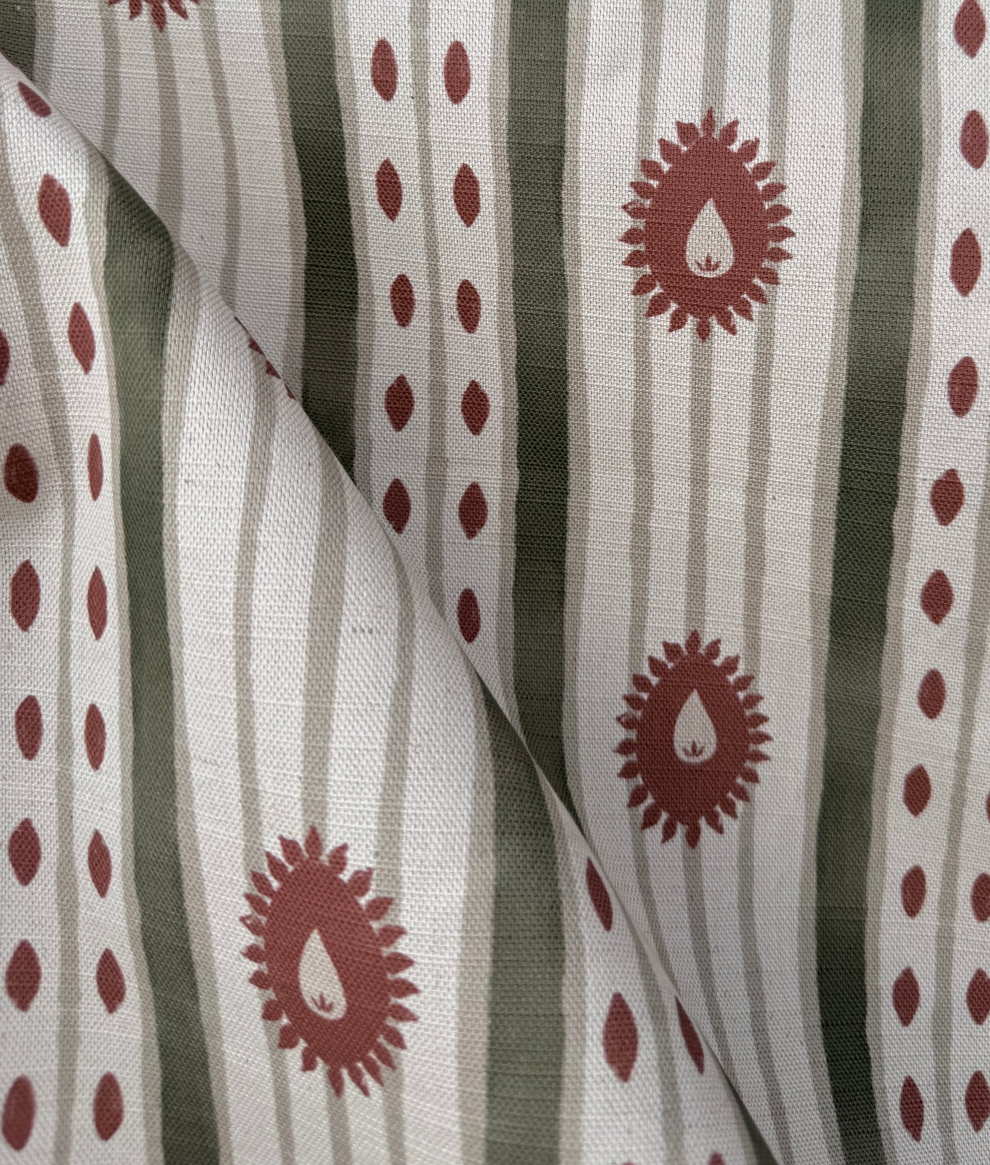 Field Flower Stripe linen cotton union fabric in Green and Terracotta