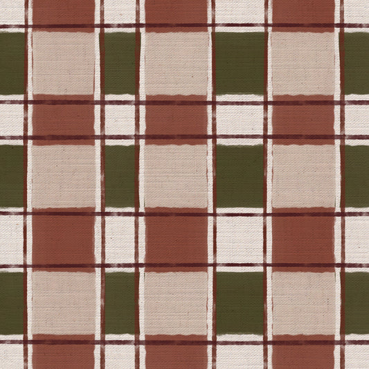 Artistic Check Upholstery Fabric in terracotta and olive green