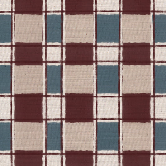 Artistic Check Upholstery Fabric in burgundy and blue