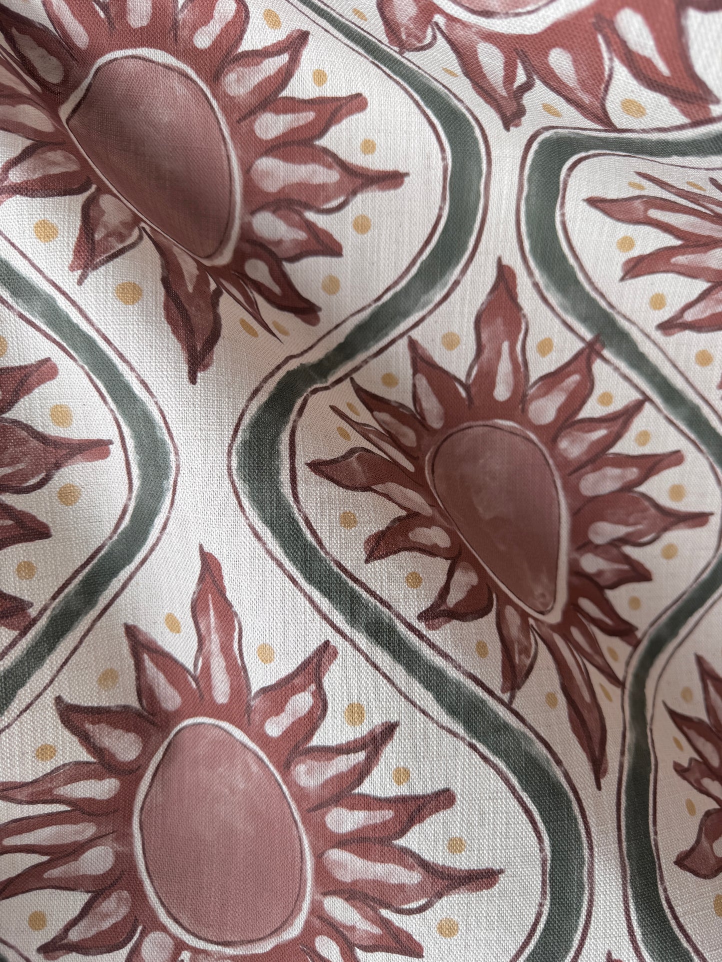 Sunburst linen cotton union in terracotta and green