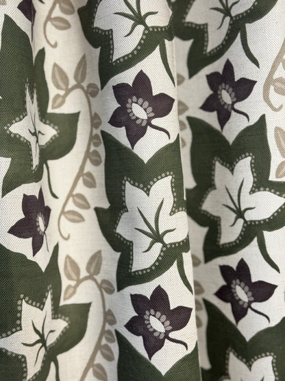 Leaf Trail printed cotton, linen union fabric in Olive and Aubergine
