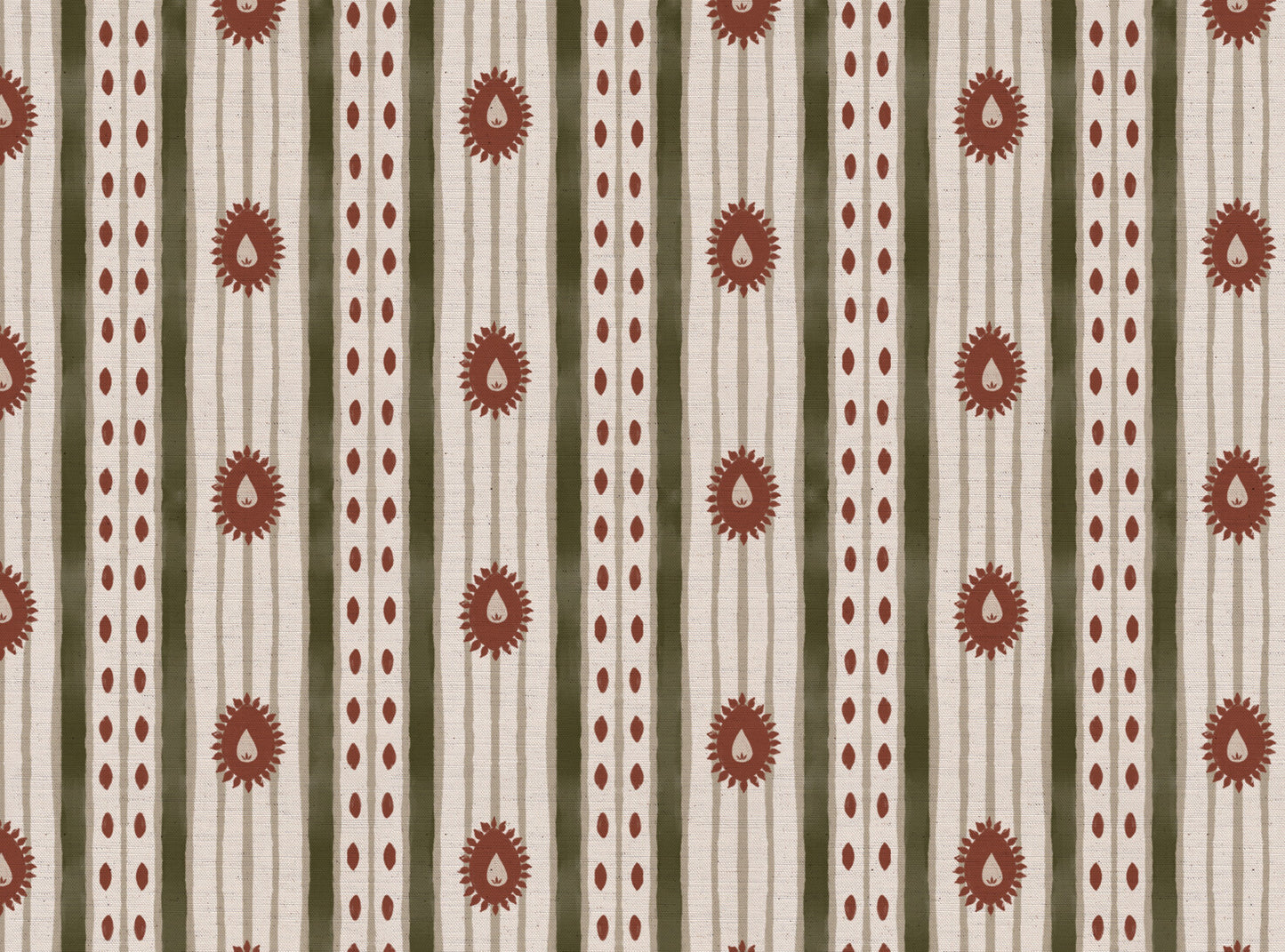 Field Flower Stripe linen cotton union fabric in Green and Terracotta