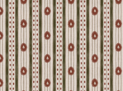Field Flower Stripe linen cotton union fabric in Green and Terracotta