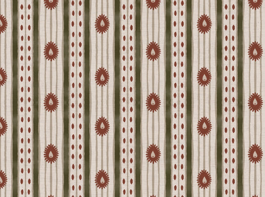 Field Flower Stripe linen cotton union fabric in Green and Terracotta