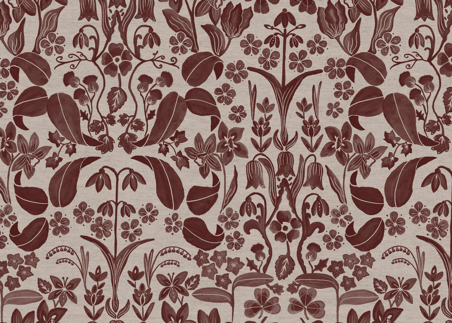 Glenwhisper Garden printed cotton, linen union fabric in Raspberry