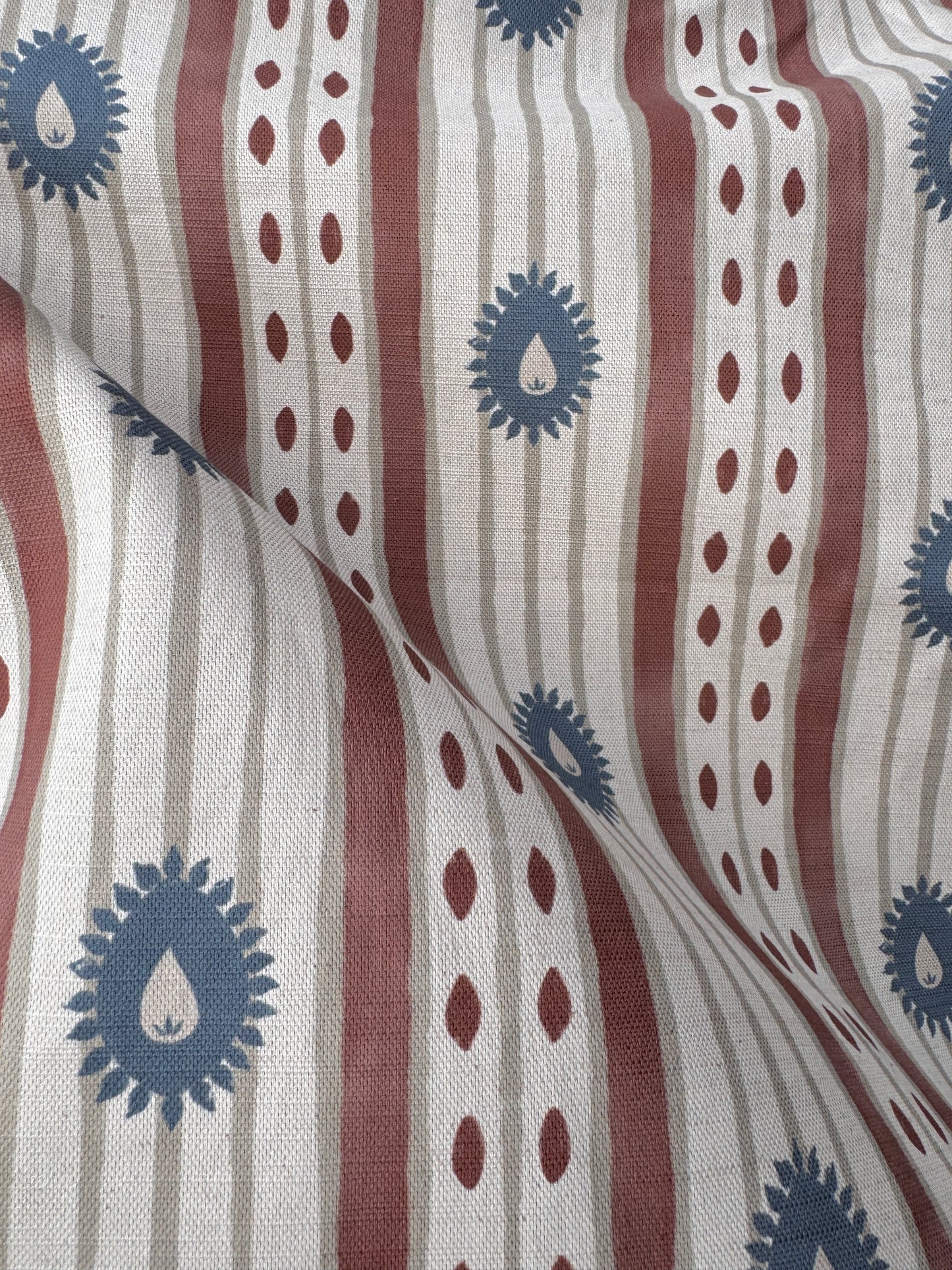 Field Flower Stripe linen cotton union fabric in Terracotta and Blue