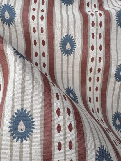 Field Flower Stripe linen cotton union fabric in Terracotta and Blue