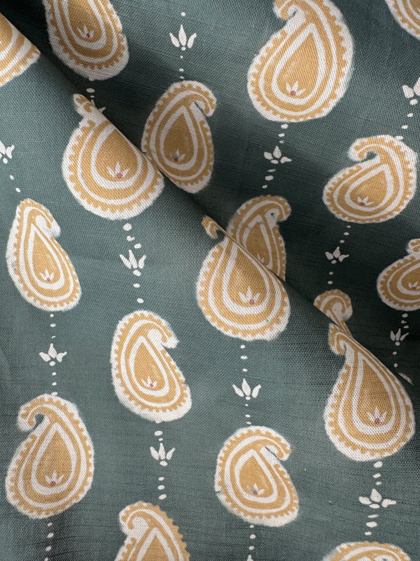 Paisley linen cotton union fabric in Sea Green and Yellow