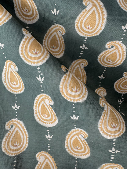 Paisley linen cotton union fabric in Sea Green and Yellow