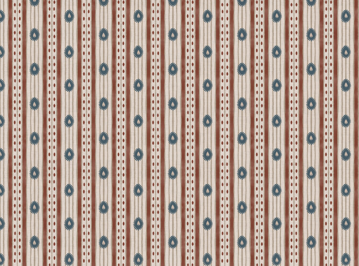 Field Flower Stripe linen cotton union fabric in Terracotta and Blue