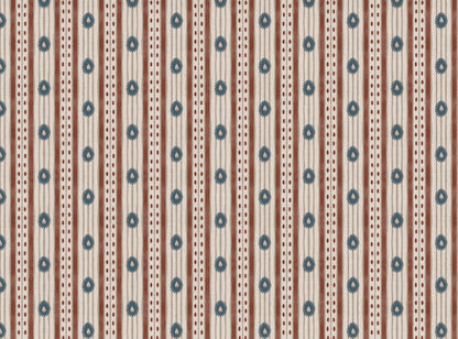 Field Flower Stripe linen cotton union fabric in Terracotta and Blue