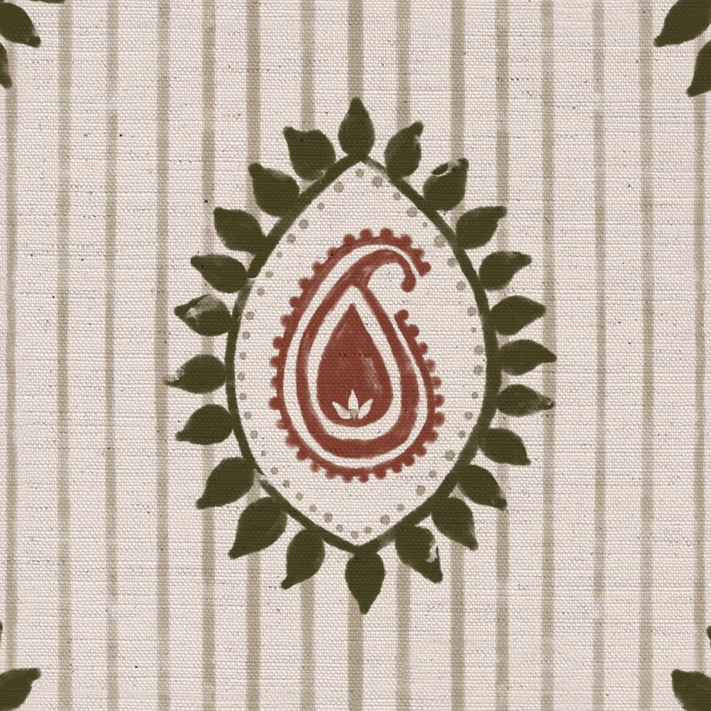 Field flower Paisley linen cotton union fabric in Green and Terracotta