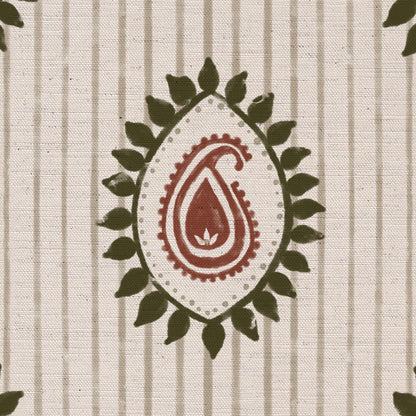 Field flower Paisley linen cotton union fabric in Green and Terracotta