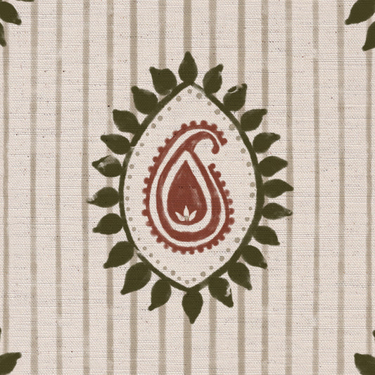 Field flower Paisley linen cotton union fabric in Green and Terracotta
