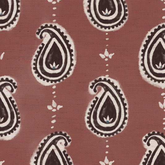 Paisley linen cotton union fabric in Pink and Aubergine