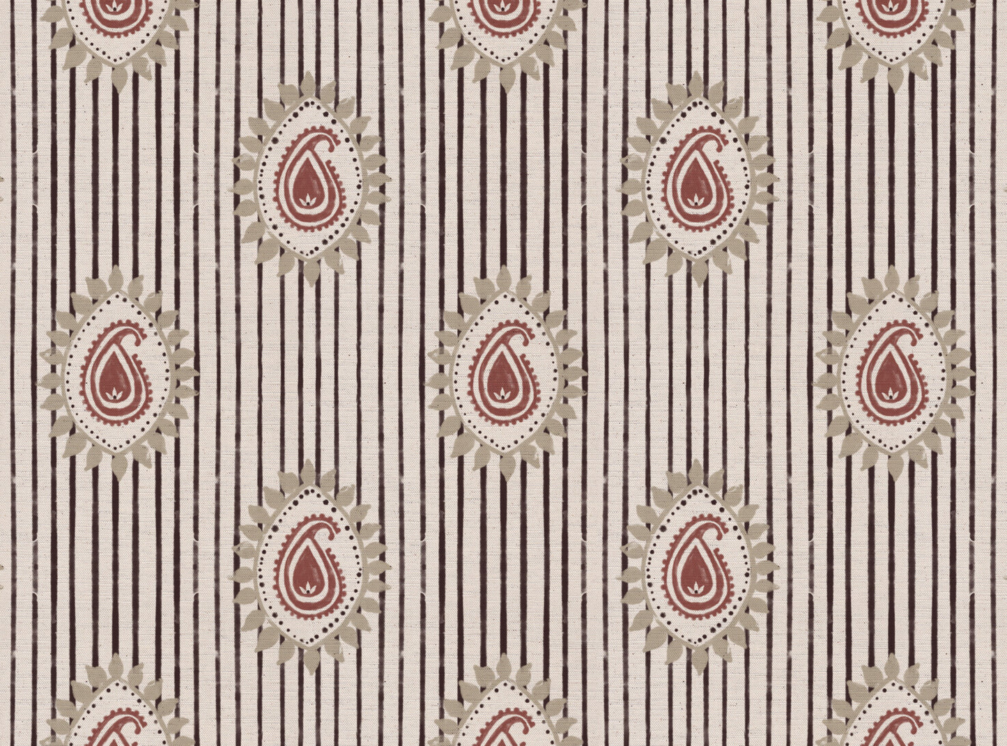 Field flower Paisley linen cotton union fabric in Pink and Aubergine